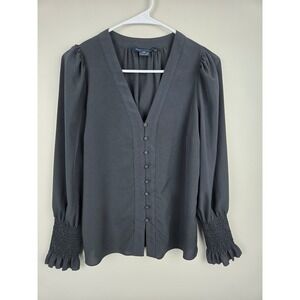 French Connection Womens V-Neck Button Front Smocked Cuff Blouse Gray XS‎